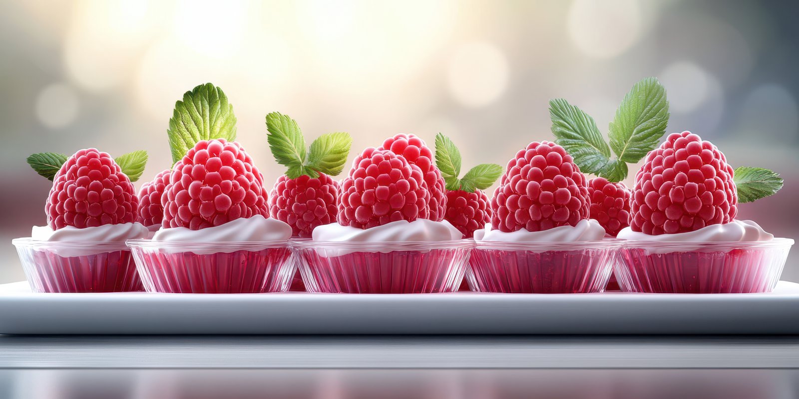 Delicious raspberry desserts arranged on a white platter with decorative mint leaves in a soft-focus background